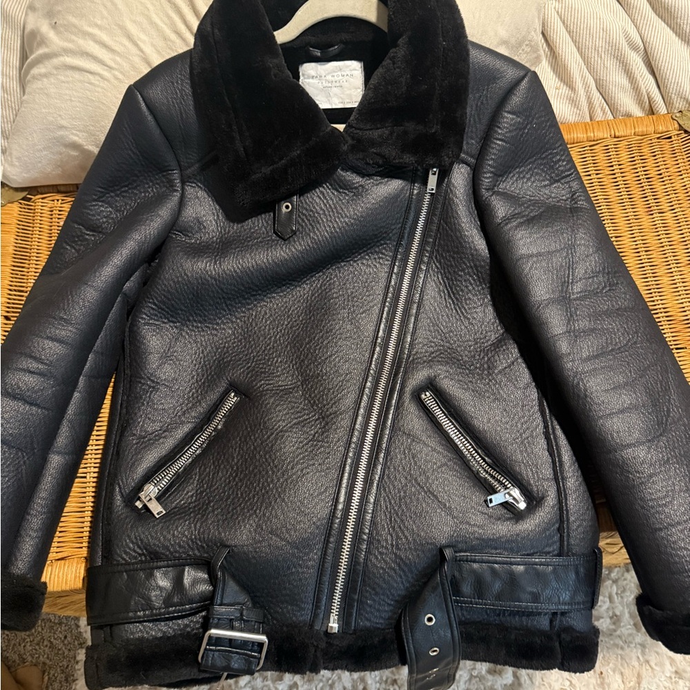 NWOT Zara Double Faced Jacket Faux Leather Shearling Black Women small